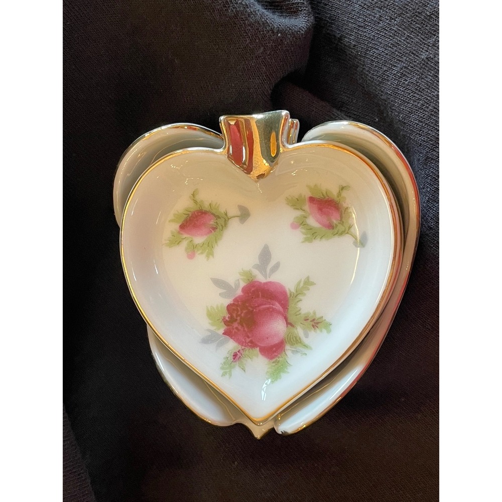 Vintage Lefton Jensens Gifts Heart Porcelain Rose Trinket Bowl & 3 Ashtrays Set - Picture 14 of 14